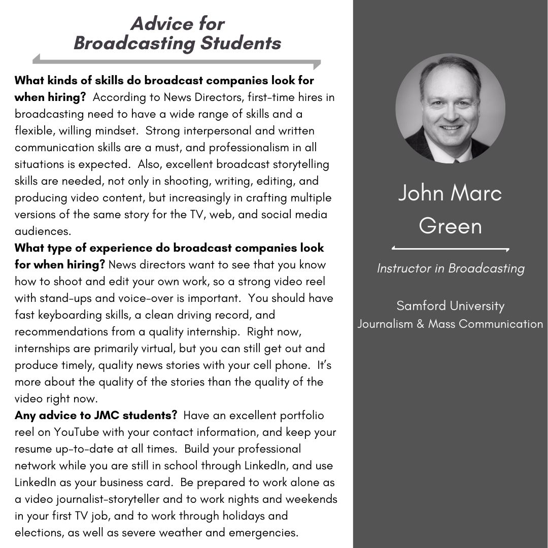 samford_cam's tweet photo. John Marc Green, instructor in broadcasting for Samford JMC, shares what broadcast companies look for when hiring and encourages students to create a portfolio reel on Youtube, keep an updated resume, and build a professional network. #themajorthatcreates https://t.co/fTJI53psSv