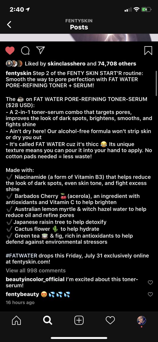 Fat Water claims:- Niacinamide is the 4th ingredient so the claim with brightening/pores is accurate. But we also don’t know the exact % of niacinamide. - Does have humectants to promote hydration, also has witch hazel as 2nd ingredient which *may* be drying- It is thicc lol