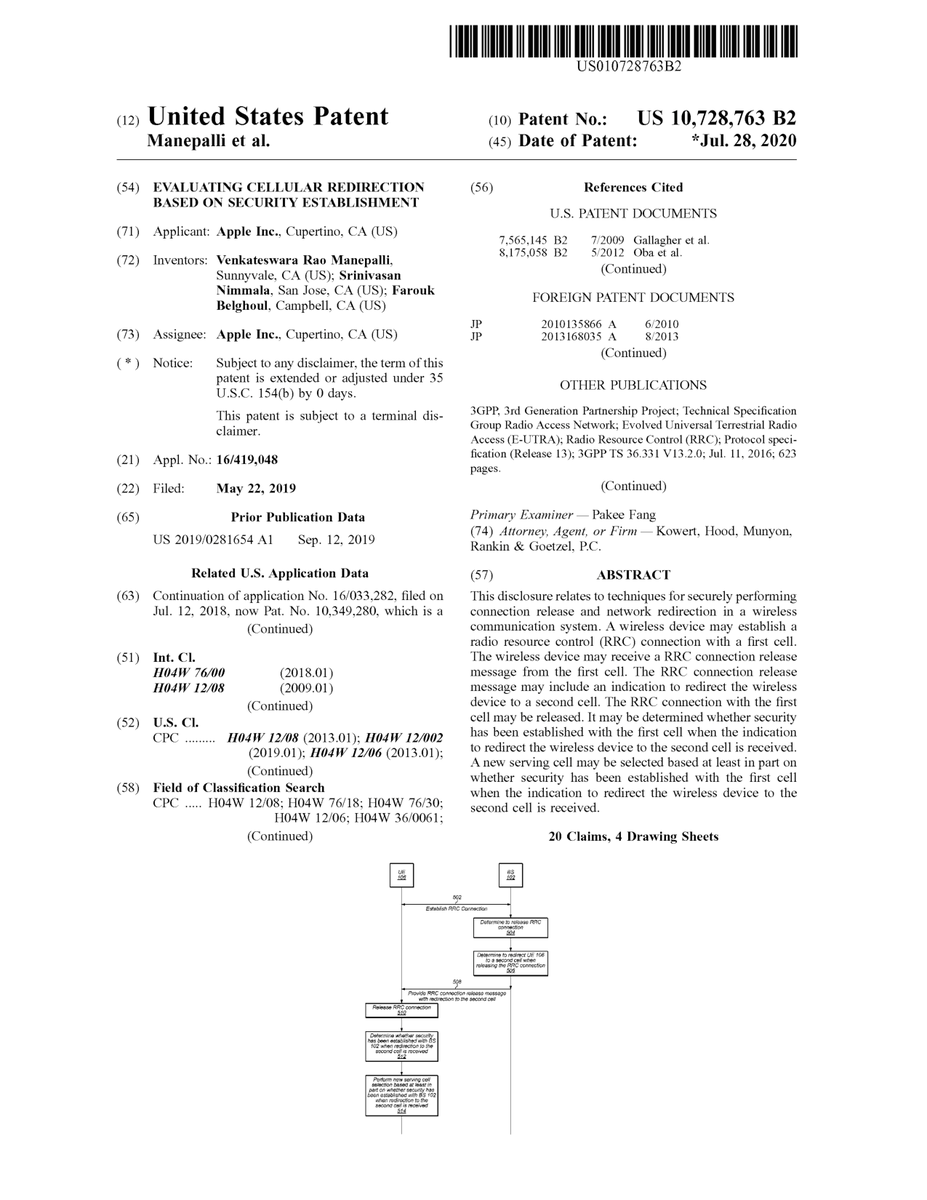 $AAPL #patent 10,728,763 Evaluating cellular redirection based on security establishment #tech #IP #research trea.com/doc/10728763