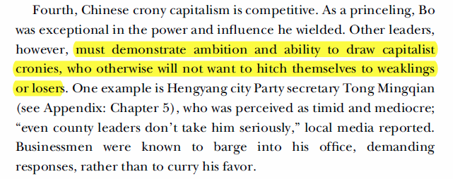  Chinese crony capitalism is competitiveCapitalists do not want to hitch their fates to "loser" politiciansNor do ambitious politicians want to pick incompetent cronies