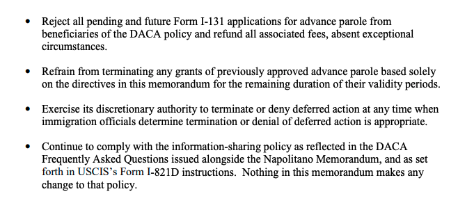 4/ The administration says it will do the following: REJECT new  #DACA apps. Process renewals, but grant only one-year extensions. REJECT advance parole apps absent "exceptional circumstances." Again, this is unlawful, open defiance of clear federal court orders.