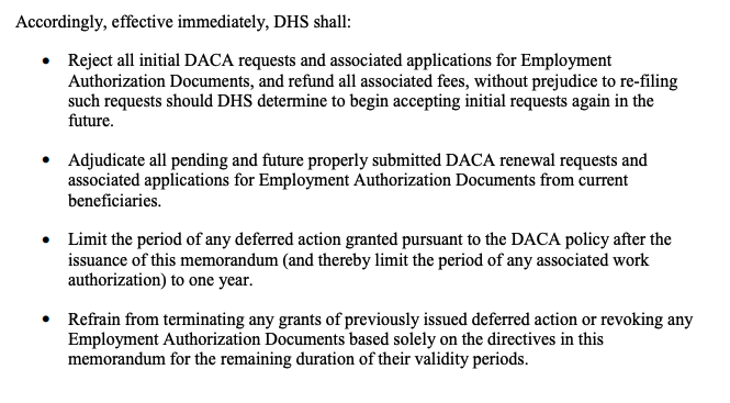 4/ The administration says it will do the following: REJECT new  #DACA apps. Process renewals, but grant only one-year extensions. REJECT advance parole apps absent "exceptional circumstances." Again, this is unlawful, open defiance of clear federal court orders.