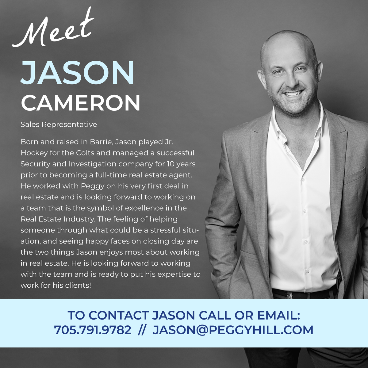 PegHillRealtor's tweet photo. 🎉 We're so excited to introduce one of our newest members of The Peggy Hill Team, Jason Cameron!⁠
⁠
📞 Interested in buying or selling your house with Jason? Give him a call at (705) 791-9782, or email him at Jason@peggyhill.com⁠.⁠
⁠
#ThePeggyHillTeam #HomeToStay #PHTFamily https://t.co/N82dF5Nua9