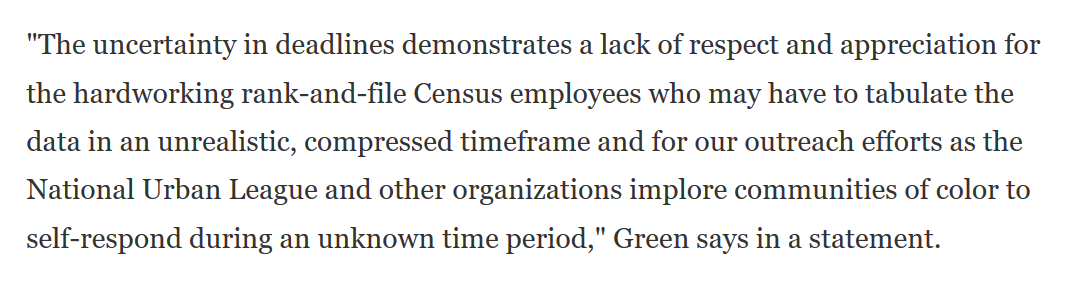 11. The continued lack of clarity in the census timeline will make it more difficult to try to ensure a complete  #2020Census count, Jeri Green, who advises the National Urban League and previously served at the Census Bureau as a senior adviser for civic engagement, tells me.