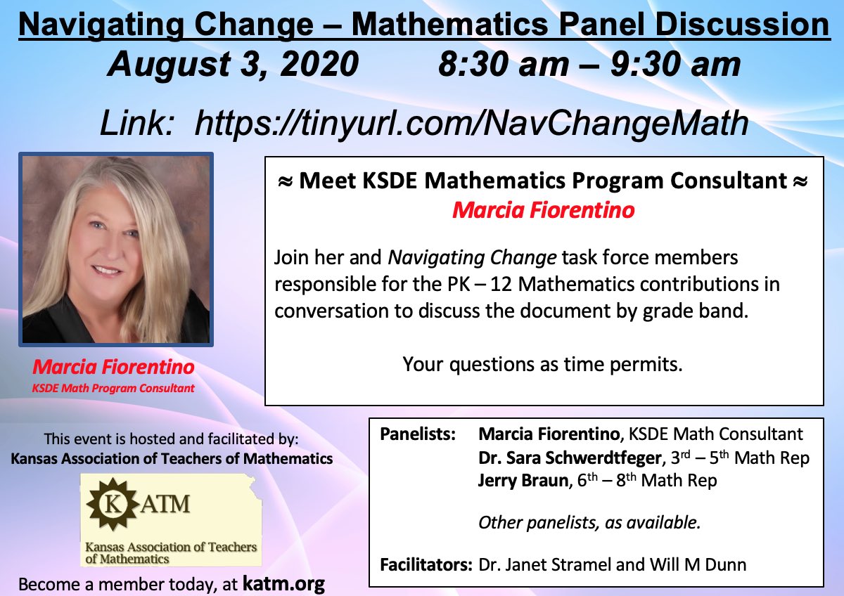 KATMWebmaster's tweet photo. We’re delighted to host a panel on the elements of mathematics instruction from #ksde’s guidance: Navigating Change.

Meet KSDE Math Consultant Marcia Fiorentino as she (and other math representatives who helped construct the guidance) answer our questions- and yours. https://t.co/zPPQZlSVm6