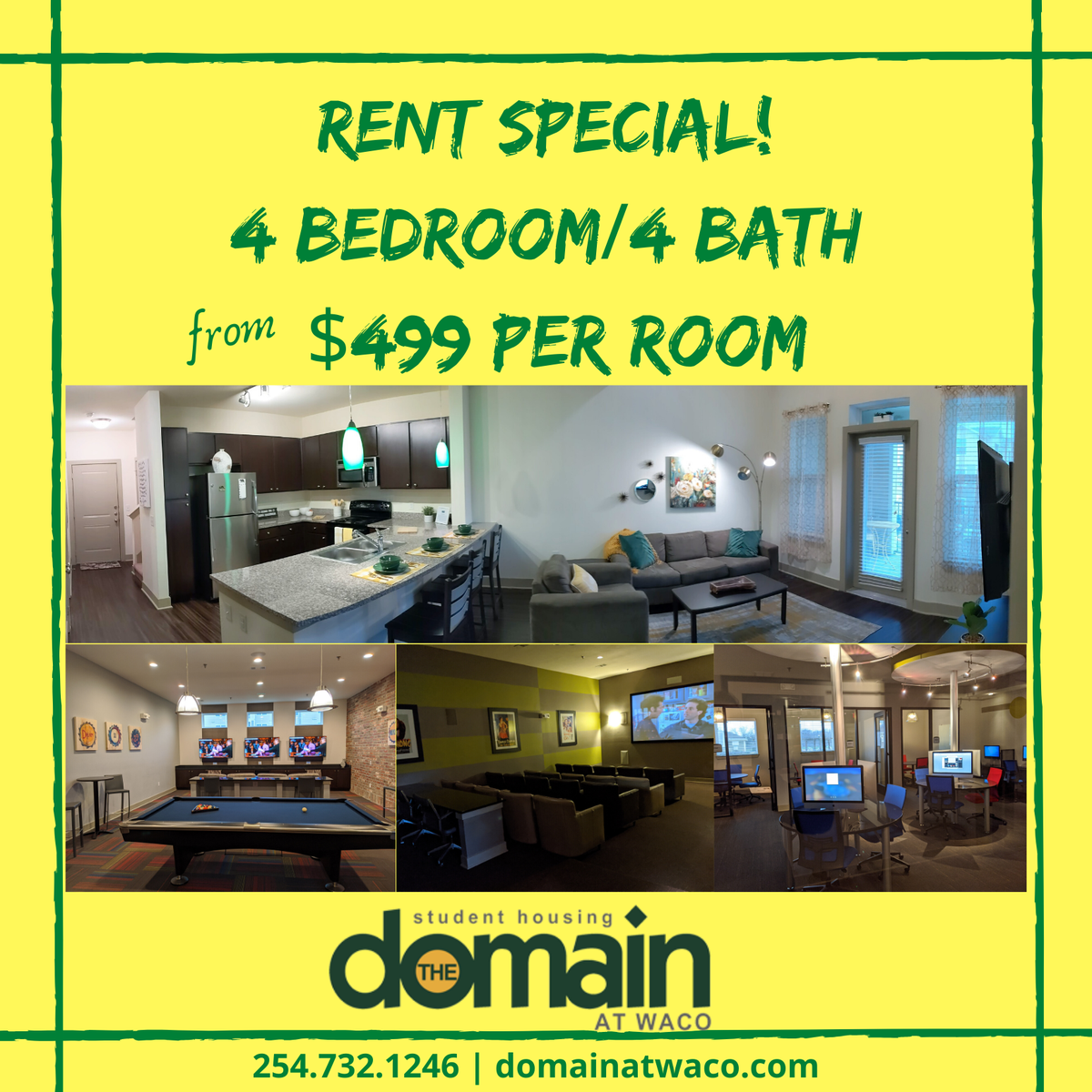 Come see what is going on at Domain at Waco!  Come see our amazing amenities and tour our beautiful apartments!  Don't have a roommate?  We can help with that!  Give us a call TODAY!! 254-732-1246!  #claimyourdomain #premierliving #studentliving #baylor #tstc #mcc