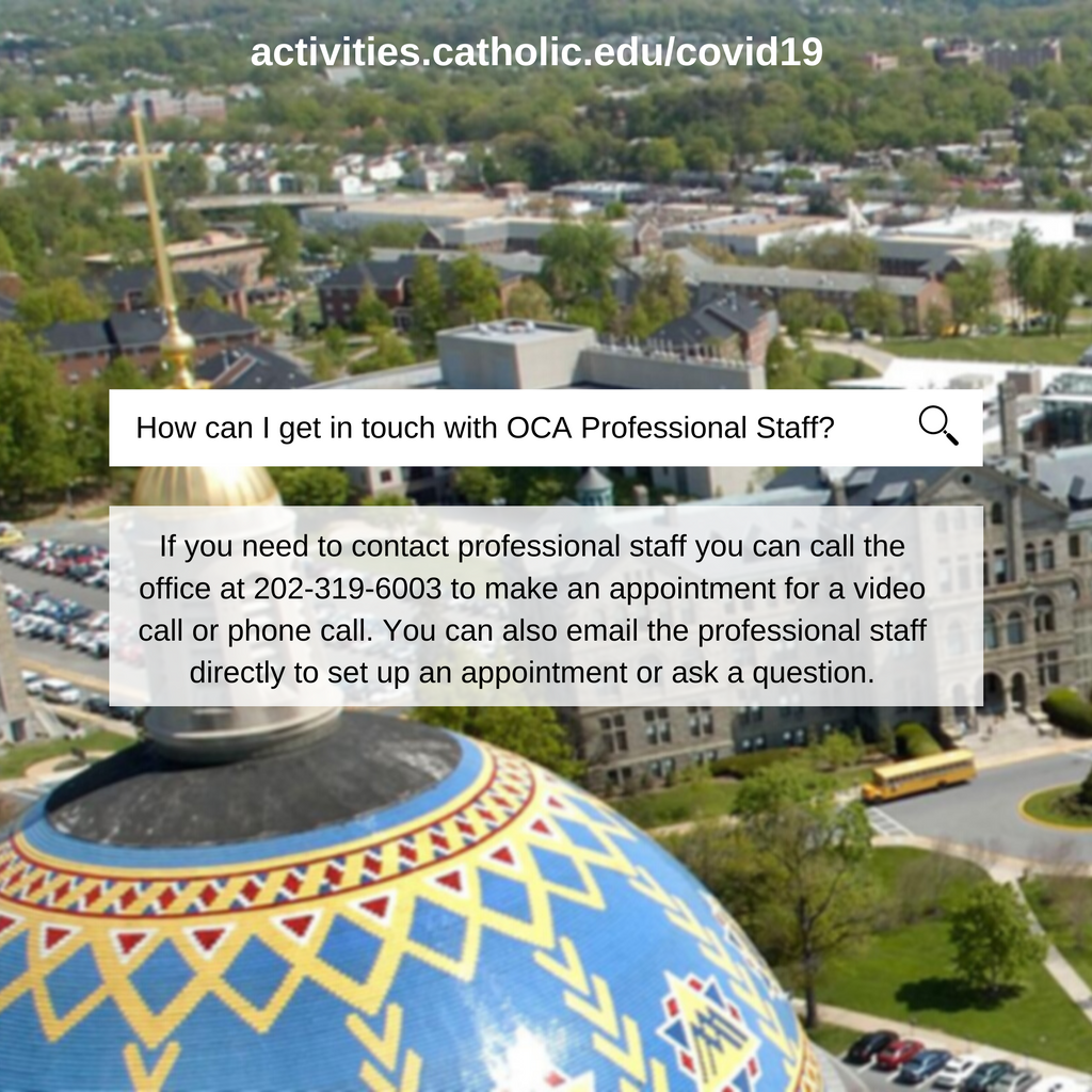 CUAactivities's tweet photo. Have you visited our OCA #Covid19 Resource site yet? We created a new section on our website to answer your questions about how OCA will be functioning and supporting student organizations this semester. 

https://t.co/SB64loZ5Kk https://t.co/VTLnWn12tR