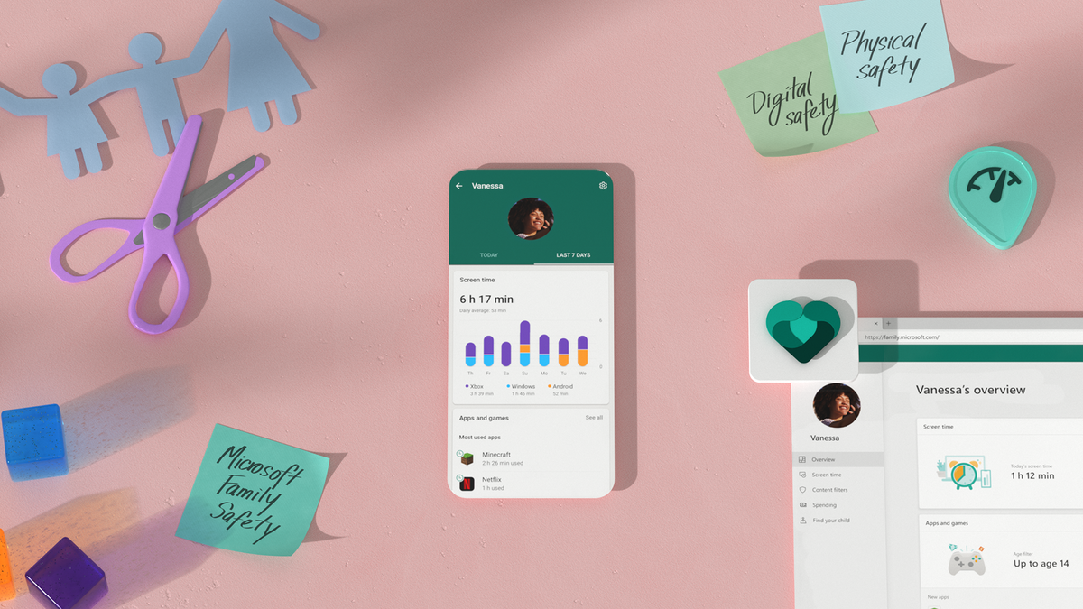 An image shows how the Family Safety app can help start a conversation on scheduling healthy screen limits. 