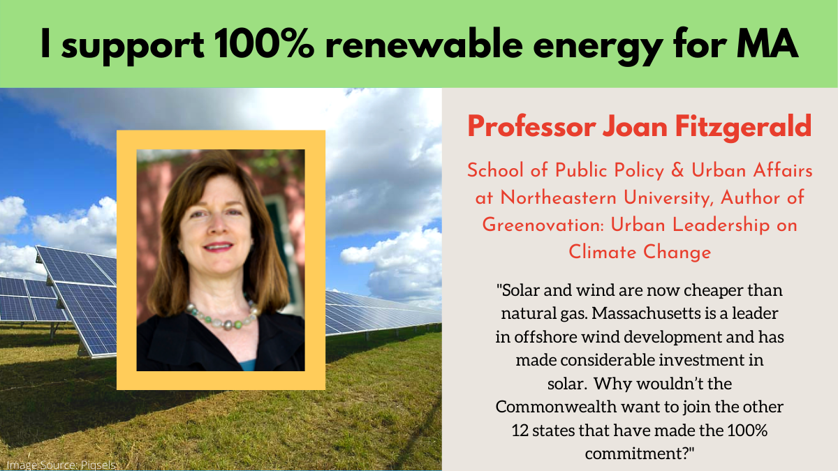 EnvironmentMA's tweet photo. Joan Fitzgerald, a leading expert on urban sustainability, supports the 100% Renewable Energy Act filed by @MarjorieDecker & @seangarballeyMA.
@tomtipagolden @SpeakerDeLeo #Go100MA #100PercentHero https://t.co/iuyELS1Srs
