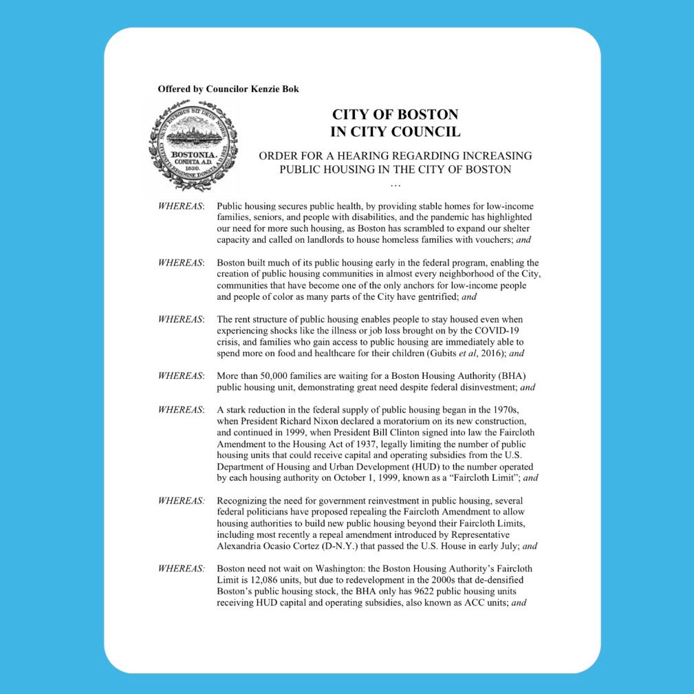 Tomorrow I’m proposing that Boston begin creating new public housing again. While federal “Faircloth Limits” prevent this elsewhere, in Boston we could still add 2464 more units! Let’s build on public land & buy/convert other private units for deep affordability.  #bospoli  #mapoli