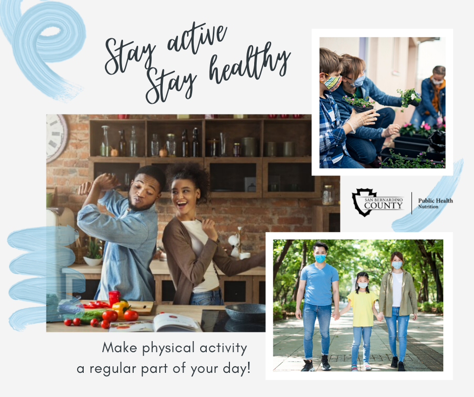 sbcountyph's tweet photo. To make physical activity a regular part of your day, try taking a 10 minute walk after lunch, dancing to your favorite music while cleaning the house, or starting a vegetable garden.

https://t.co/Ls5YBH0hFa

#ActiveLifestyle #PhysicalActivity #vision2bactive https://t.co/L9iWKfE3YA