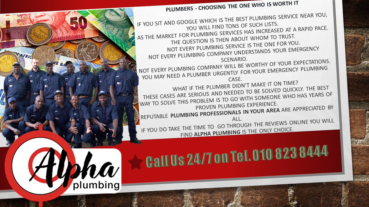 AlphaPlumbing4's tweet photo. Plumbing Professionals - Choosing The Right One!
Call us 24/7 on Tel. 010 823 8444 https://t.co/qyIQJ4Iwo2