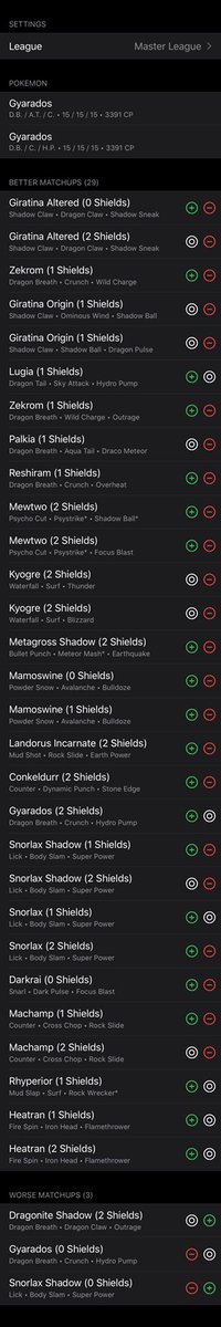 pvp_iv's tweet photo. A list of matchups improved/worsened by using Aqua Tail on Gyarados instead of Hydro Pump in ML and PC. 29 improved / 3 worse. Not enough to make it a top tier option but still a major improvement! @ZyoniK_ @PoGoKieng @FPSticksPoGo https://t.co/b9AO9MUBJP