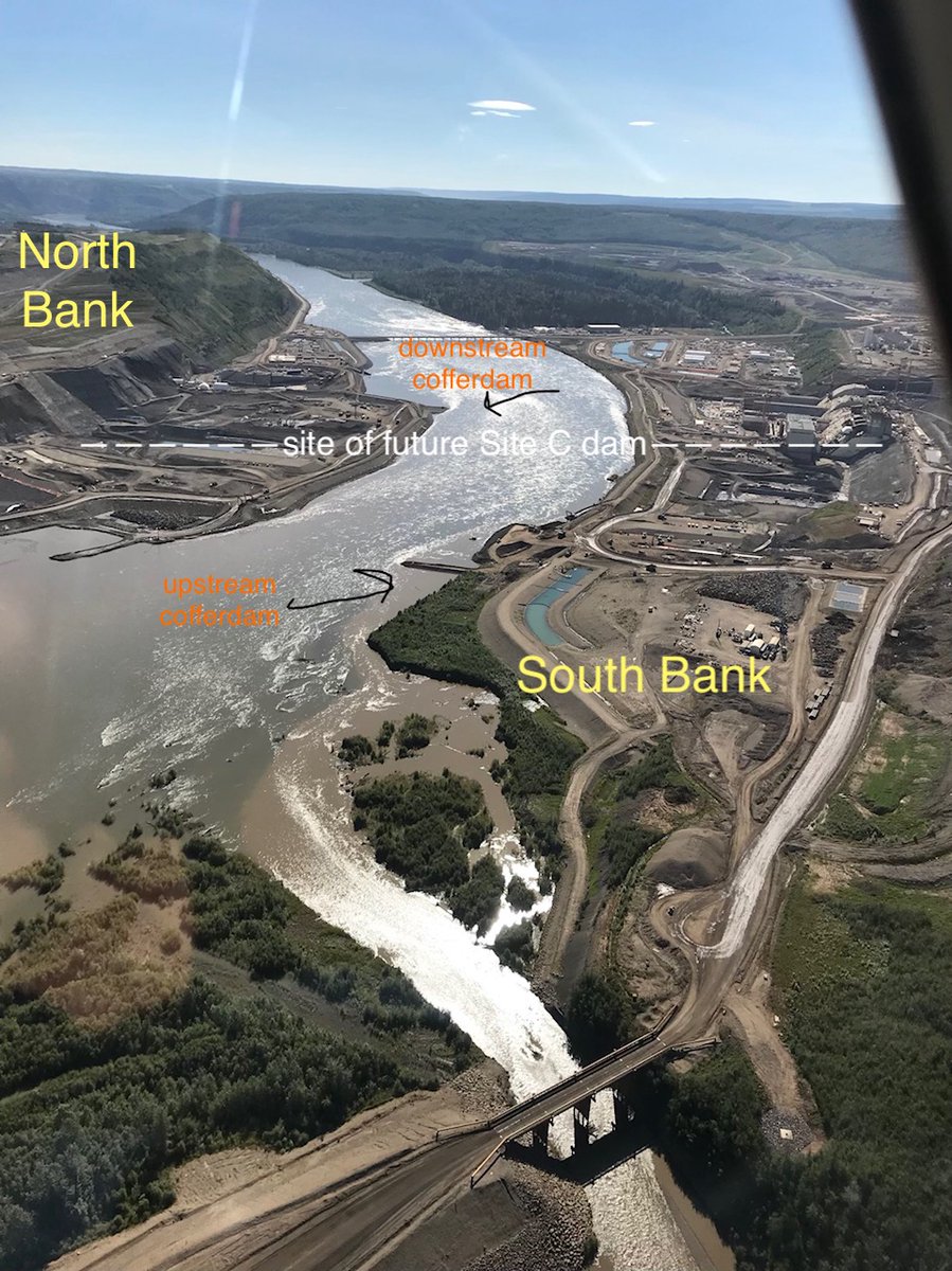 Here are 2 aerial photos of same area at  #Site, taken by a local pilot friend: "Hydro's photo would've been taken from the centre right on the south bank about where that excavator is sitting. Start of cofferdam is the little finger in the river which the river is washing away. "