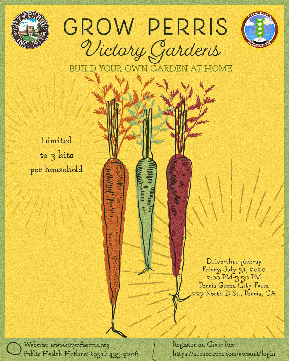 CityofPerris's tweet photo. The City of Perris invites you to join us and plant your own Victory Garden at home.

Register today on civic rec, supplies are limited. Supply pick-up will be done drive-thru style on Friday, July 31, 2020 from 2PM to 3:30 PM. #GrowPerris #PerrisTogether

https://t.co/LmlRiXbL7m https://t.co/LYDqMO2xsD