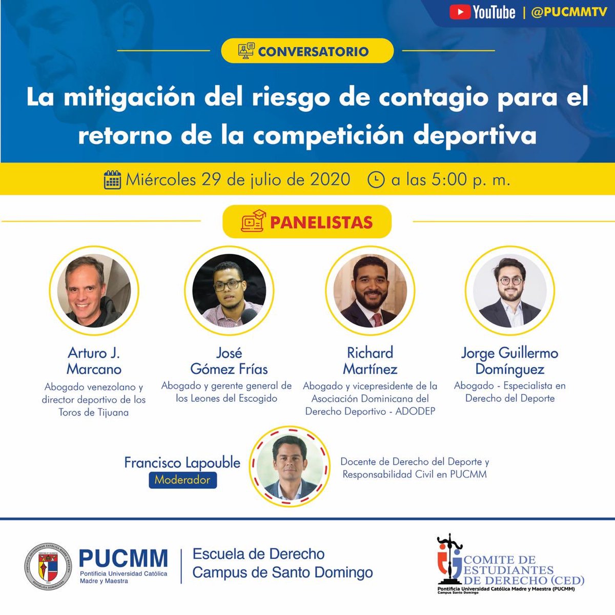mpfrd's tweet photo. @RMartinezAmparo socio de nuestra firma, estará participando en el Conversatorio “La mitigación del riesgo de contagio para el retorno de la competición deportiva”, organizado por @PUCMMDerechoCSD https://t.co/myx26Mt3FL