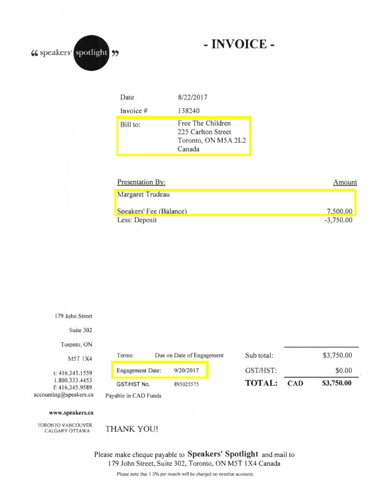 JesseBrown's tweet photo. The Kielburgers again say they did not pay Margaret Trudeau to speak at WE Day, but for other things. 

Here is one of her invoices. It's for her "Speakers' Fee" from her speaking agency. No other service is billed. Date of the service is the date of the WE Day she spoke at. https://t.co/yXYGQD6SJB