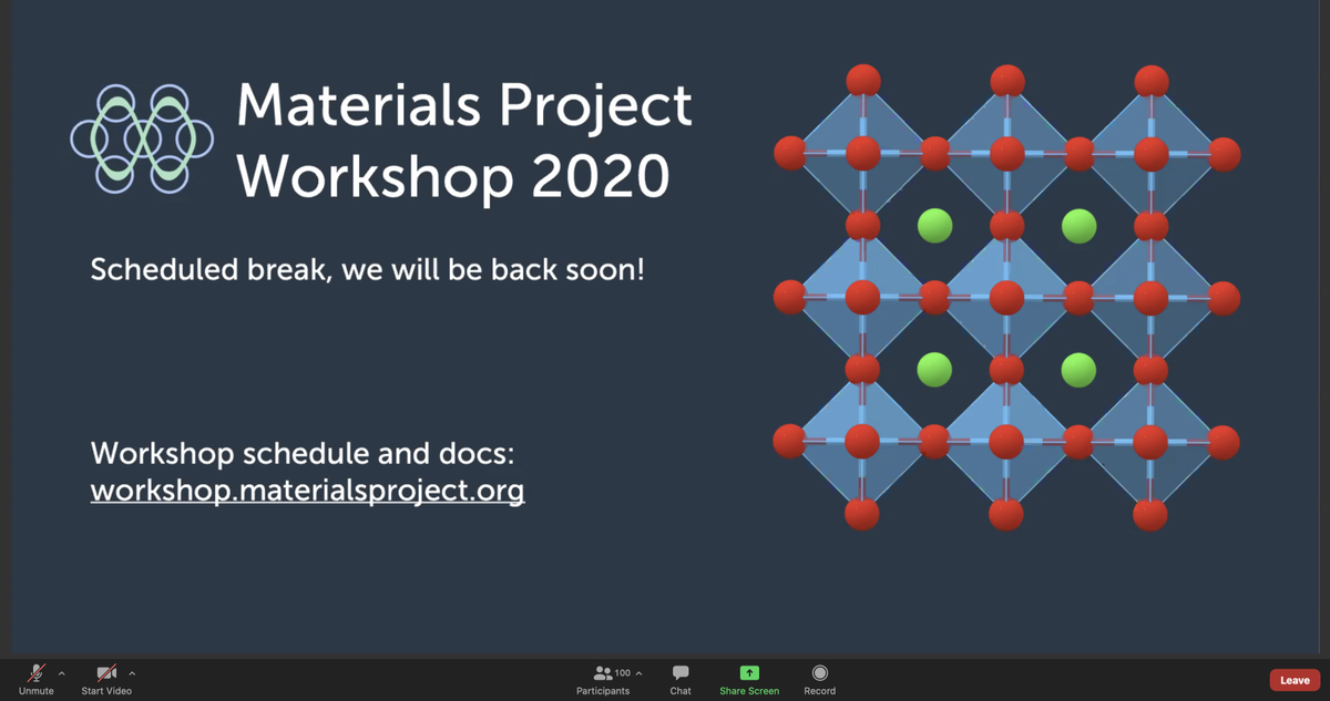 The 1st virtual Materials Project workshop is Zoom-ing off to a💎crystal clear💎start, with intros &amp; python primers so far from <a href="/persson_group/">Persson Group</a>'s @PeakSquirrel <a href="/RyanSKingsbury/">Ryan Kingsbury, Ph.D., P.E.</a> &amp; <a href="/GuyMoor03621979/">Guy Moore</a>!

Follow along with lessons here: workshop.materialsproject.org

#MPWorkshop2020