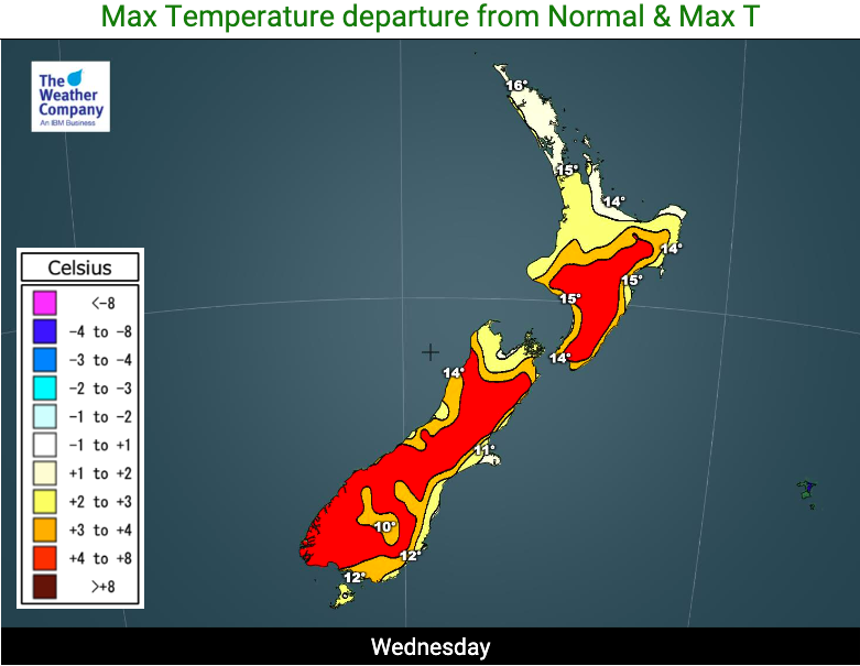 WeatherWatchNZ's tweet photo. #NewZealand's #WeirdWinter continues! Today will be warmer than average (by afternoon) in ALL regions. This will continue on (& expand) over Thursday, Friday & the weekend too. #WarmerThanAverage #SubTropical
However, tonight will still be one more cold one for the North Island! https://t.co/1onSJtAERd