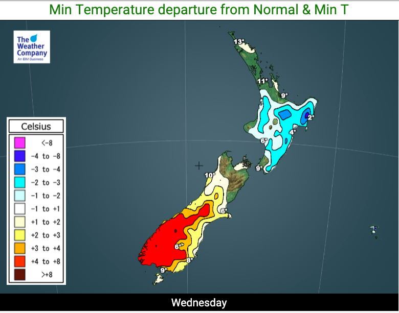 WeatherWatchNZ's tweet photo. #NewZealand's #WeirdWinter continues! Today will be warmer than average (by afternoon) in ALL regions. This will continue on (& expand) over Thursday, Friday & the weekend too. #WarmerThanAverage #SubTropical
However, tonight will still be one more cold one for the North Island! https://t.co/1onSJtAERd
