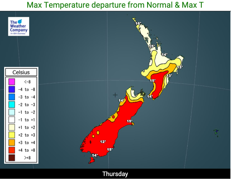 WeatherWatchNZ's tweet photo. #NewZealand's #WeirdWinter continues! Today will be warmer than average (by afternoon) in ALL regions. This will continue on (& expand) over Thursday, Friday & the weekend too. #WarmerThanAverage #SubTropical
However, tonight will still be one more cold one for the North Island! https://t.co/1onSJtAERd