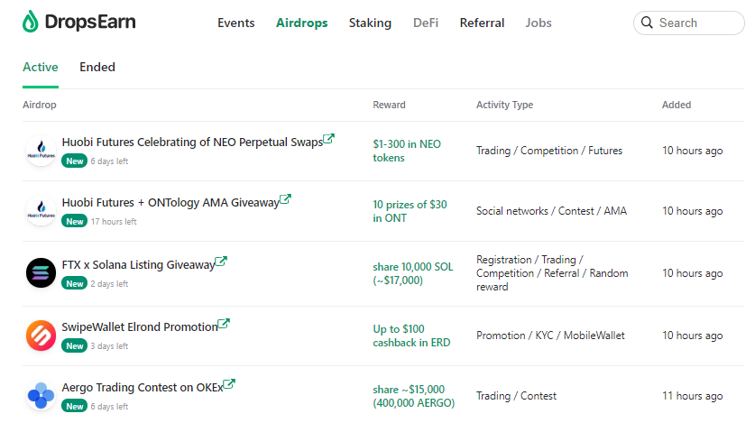 New airdrops

.@HuobiFutures_ Celebrating of <a href="/Neo_Blockchain/">Neo</a> Perpetual Swaps
@HuobiFutures_ Futures + <a href="/OntologyNetwork/">Ontology - The Trust Layer for Web3</a> AMA Giveaway
<a href="/FTX_Official/">FTX</a> x <a href="/solana/">Solana</a> Listing Giveaway
<a href="/SwipeWallet/">Swipe</a> @ElrondNetwork Promotion
<a href="/aergo_io/">Aergo (HPP)</a> Trading Contest on @OKEx

💧 dropsearn.com/airdrops