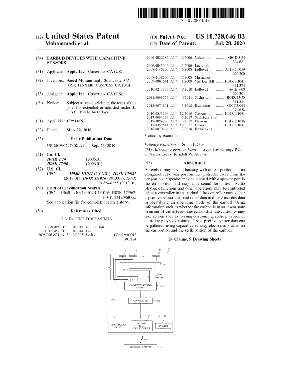 $AAPL #patent 10,728,646 Earbud devices with capacitive sensors #tech #IP #research trea.com/doc/10728646