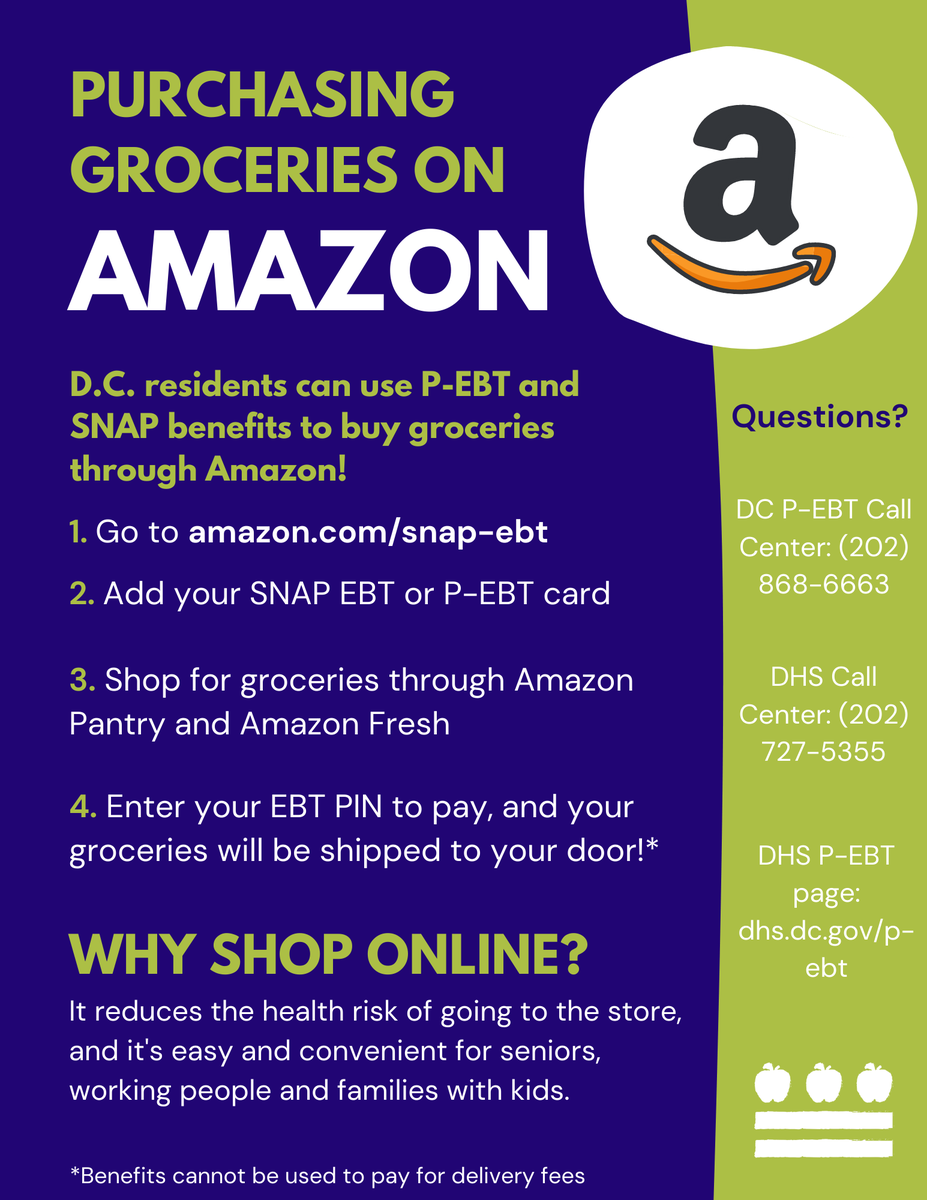 DCHunger's tweet photo. DC residents can use SNAP and P-EBT to shop for groceries online, reducing the health risk of going to the store. Spread the word! #pebt #onlinepurchasing https://t.co/qmG1iOlnuo