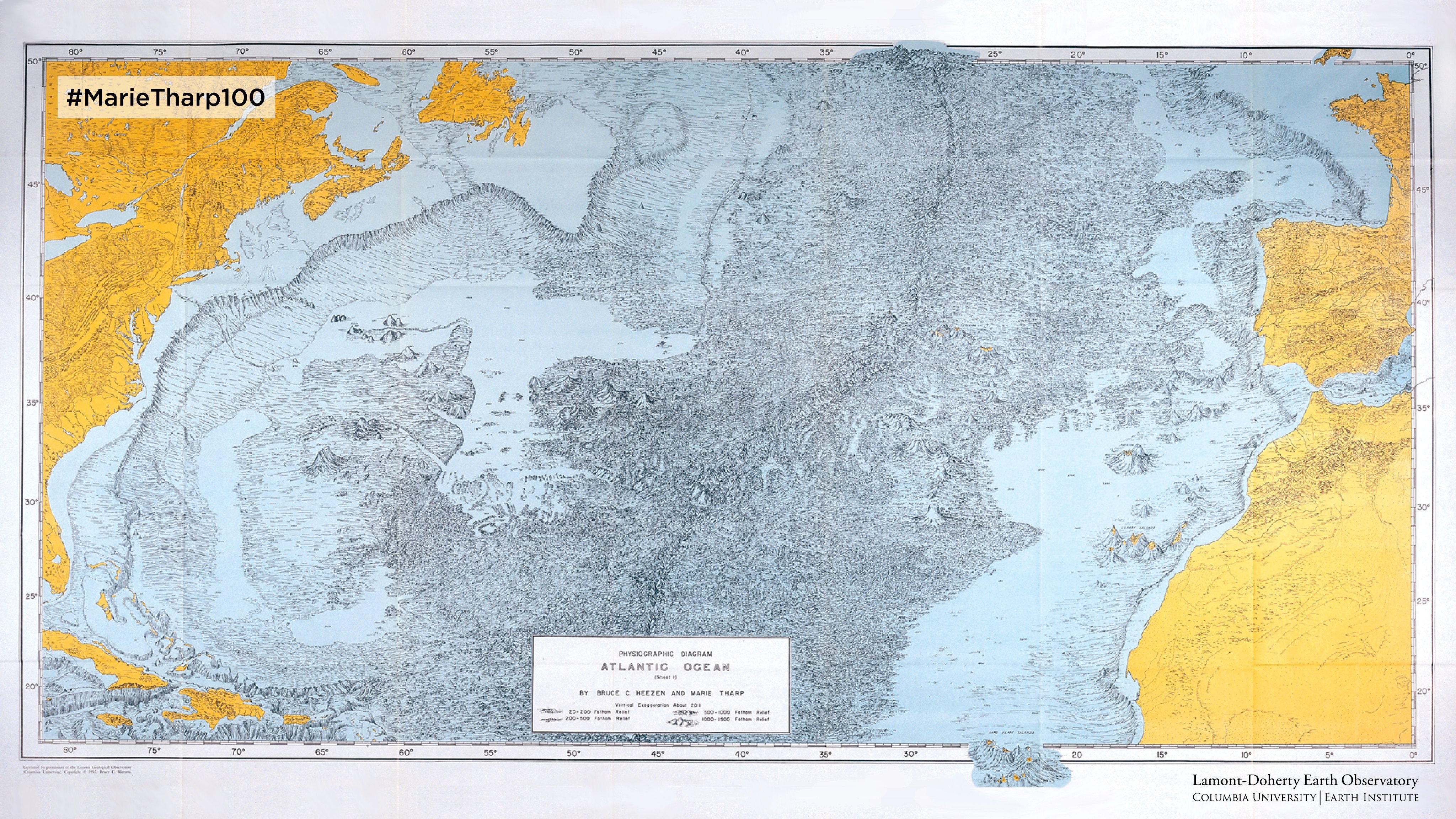 Before Tharp and Heezen’s 1957 map of the Atlantic seafloor, scientists assumed the bottom of the ocean was mostly flat and featureless. Reproduced with permission from Marie Tharp Maps LLC and Lamont-Doherty Earth Observatory.