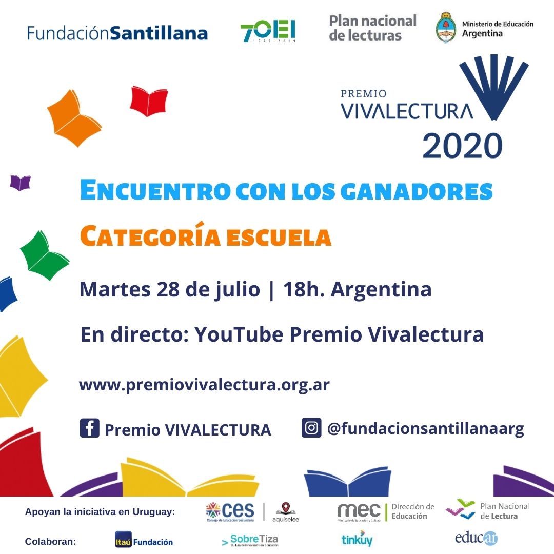 Iberlectura's tweet photo. Premio #VIVALECTURA2020 📣 el encuentro con los ganadores 🏆 se transmitirá por el canal de YouTube de #VIVALECTURA 📚 https://t.co/MDG8U13IPS

Hoy a las 18 hs. (AR) 📅 la categoría "Escuela" 

@FundSantillana @EducacionAR
@oeiarg 🇦🇷 @OEIUruguay 🇺🇾 https://t.co/6vHIrWvbwW