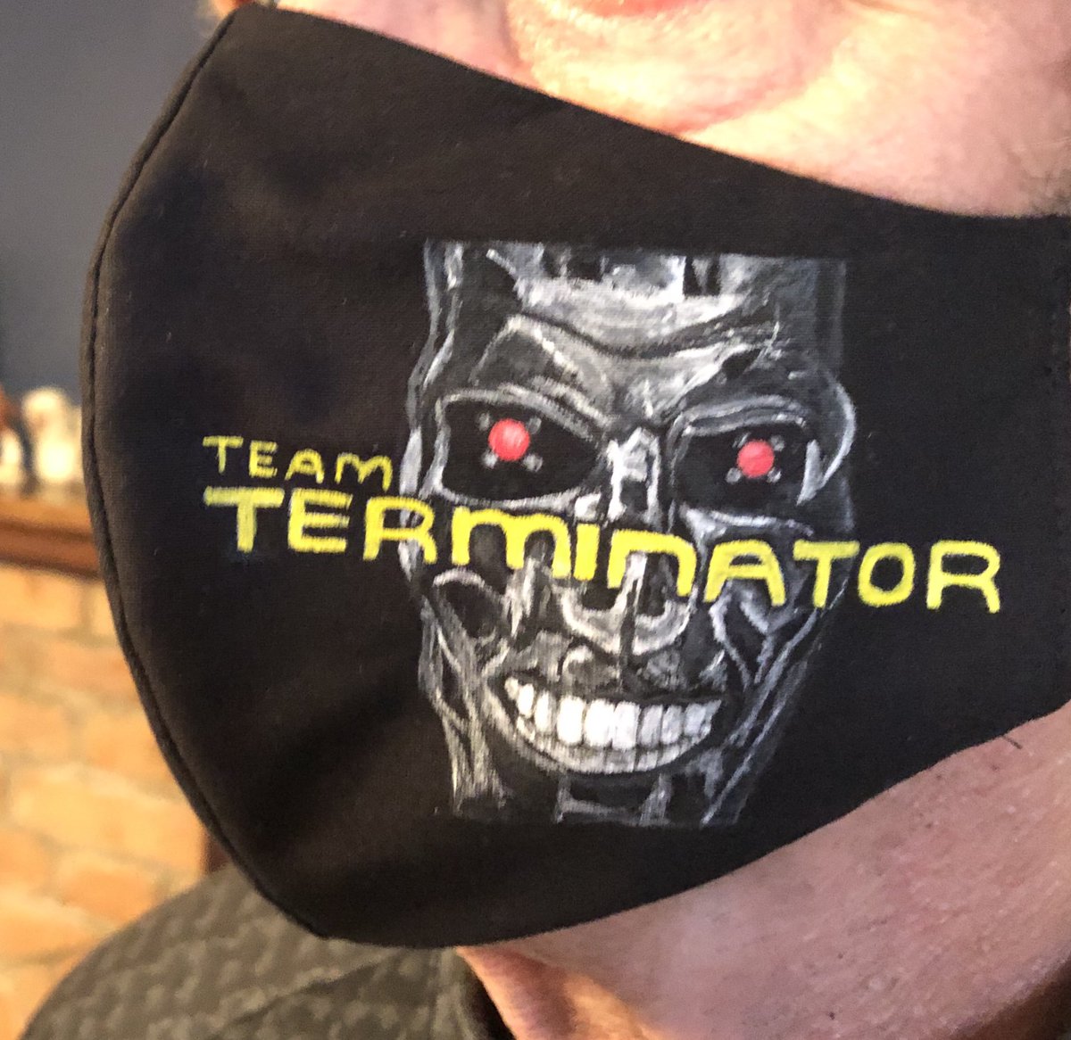 LEGRO's tweet image. Team mask. Hand painted by Philipa Andrews  #teamterminator #COVID19