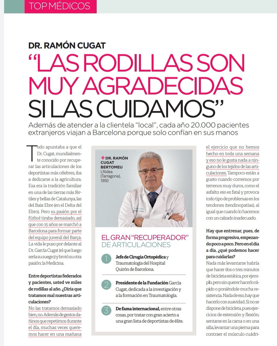 Instituto Cugat (@institutocugat) on Twitter photo Parte del artículo y entrevista que <a href="/SaberVivirTVE/">Saber Vivir</a> publica sobre el Dr. Ramon Cugat, hablando de técnicas y consejos para mantener nuestras #articulaciones y sobre todo, las #rodillas sanas por más tiempo.
#barcelona #Traumatologia #traumatology #Medicinadeportiva Parte del artículo y entrevista que <a href="/SaberVivirTVE/">Saber Vivir</a> publica sobre el Dr. Ramon Cugat, hablando de técnicas y consejos para mantener nuestras #articulaciones y sobre todo, las #rodillas sanas por más tiempo.
#barcelona #Traumatologia #traumatology #Medicinadeportiva