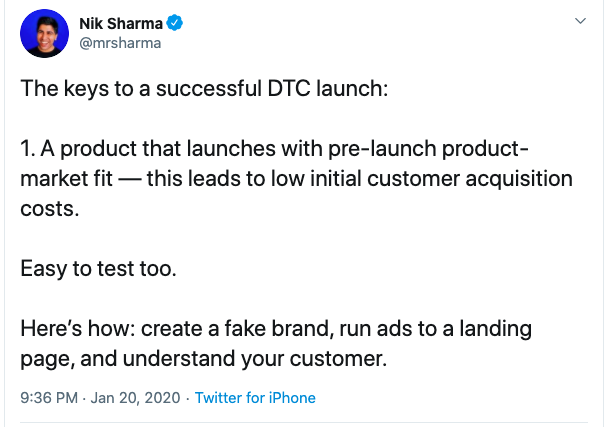 2b/ Once a product opportunity is identified, the thesis can be validated without even having a product to sell. @jwmares goes over how Kettle & Fire did it:  https://justinmares.substack.com/p/the-next-brand-episode-6Also this tweetstorm by  @mrsharma goes into this method:  https://twitter.com/mrsharma/status/1219448741603827713