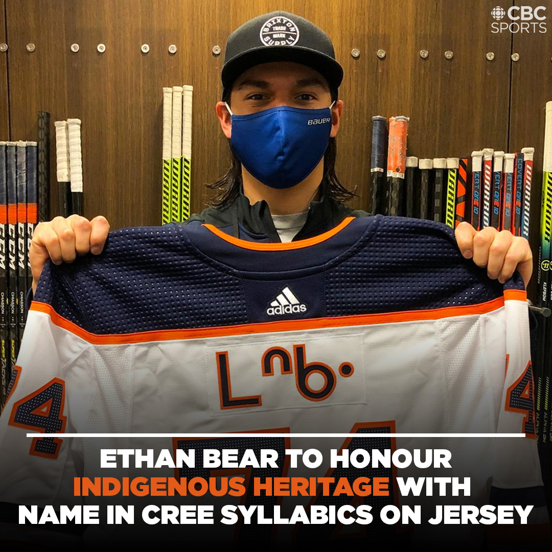 hockeynight's tweet photo. Oilers defenceman Ethan Bear will honour his Indigenous heritage during tonight's Battle of Alberta exhibition game by displaying his jersey name bar in Cree syllabics

📸: @EdmontonOilers https://t.co/EFQMlwRnDT