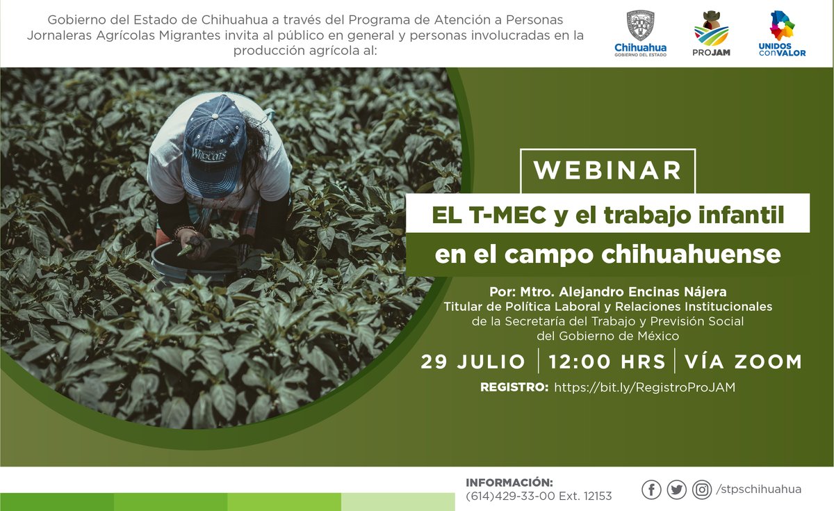 ComSocChih's tweet image. La @stpschihuahua a través de Programa de Atención a Personas Jornaleras Agrícolas Migrantes #Projam, invita al webinar El #TMEC y el trabajo infantil en el campo chihuahuense, que tendrá como invitado especial al maestro Alejandro Encinas, de la @STPS_mx
cambio.gob.mx/spip.php?artic…