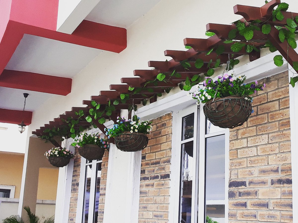 Mahogany Pergola with artificial creeping vines and that classic hanging garden baskets😍 #designersmind