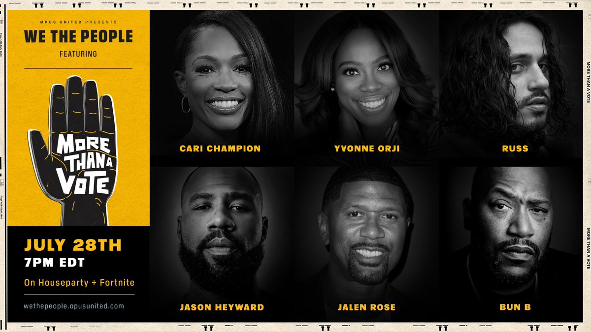 Join us at the Big Screen for OPUS United presents We The People x More than a Vote hosted by <a href="/CariChampion/">Cari Champion</a> featuring <a href="/YvonneOrji/">Yvonne Orji</a>, <a href="/russdiemon/">RUSS</a>, <a href="/BunBTrillOG/">BunB.eth</a>, <a href="/JalenRose/">Dr. Jalen Rose</a>, and Jason Heyward.

Show starts in 30 minutes.