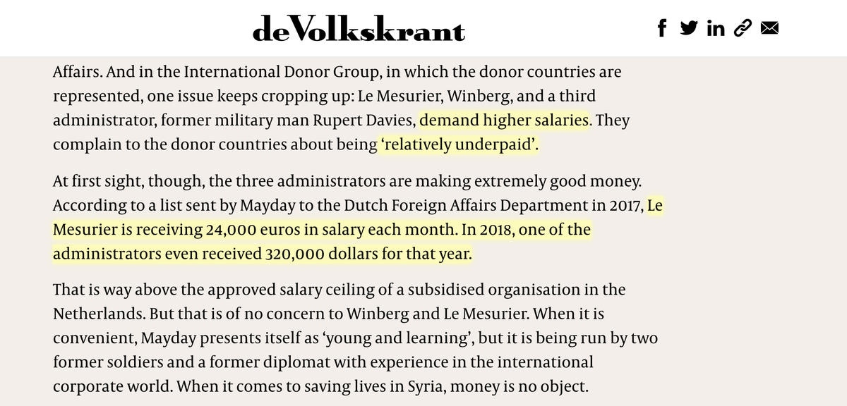 The late James Le Mesurier - who, before founding White Helmets, was a UK spook; served as jailer of Palestinian political prisoners; & "adviser" in US Baghdad embassy - had a salary of 24,000 euros per month. Yet he complained to Western donors he & other execs were underpaid.