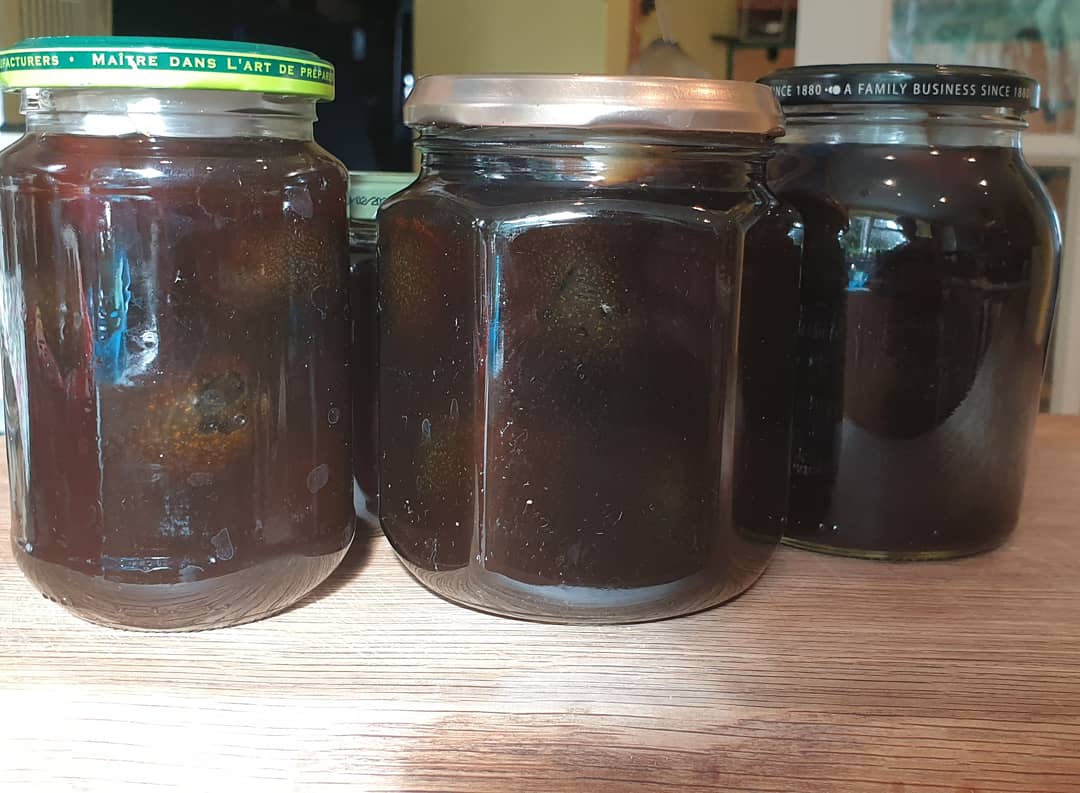 anglesey42's tweet photo. Green walnuts. Brined,left in the sun to go black then pickled in a sweet and spiced vinegar. I'll leave them for at least a month then see how they tast Hopefully lovely with a nice chunk of strong Cheddar. #cookingwiththeseasons #pickled #pickledwalnuts #greenwalnuts #pickling https://t.co/kUdlCk4VWM
