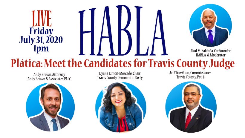 HABLAATX's tweet photo. Join us for a special called HABLA Plática: Meet the Candidates for Travis County Judge, on Friday, July 31, 2020 at 1 p.m. LIVE on our HABLA Facebook Page. Event details: https://t.co/SdZXyYVA4c
@DyanaforTexas https://t.co/dfxCJu09xE