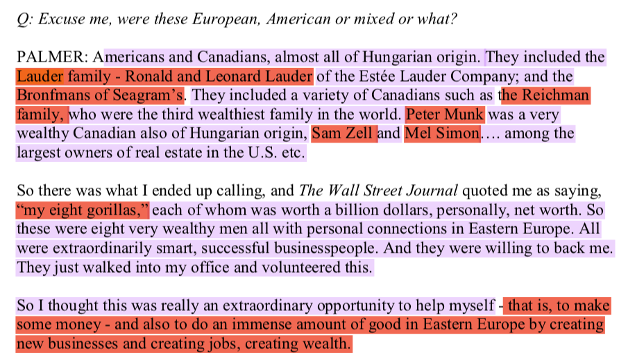The benefits of such an arrangement go without saying. Palmer's own ventures with the Kleins illustrate the US gov/capital collab he describes. While he installed a media empire for his "eight gorillas", his CIA-NGO, CECHE, was training the pool of future TV managers/specialists