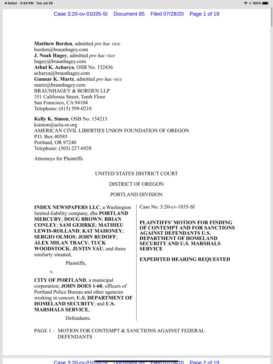 HOLY SHITFederal Defendants y’all VIOLATED THE TRO?“comply with the Court’s TRO... a $500 for every day a journalist or legal observer is shot, beaten, arrested, or intimidated by a federal agent”cc  @DHS_Wolf  @DHSgov  @USMarshalsHQ  @CBPMarkMorgan  https://ecf.ord.uscourts.gov/doc1/15107618070?caseid=153126