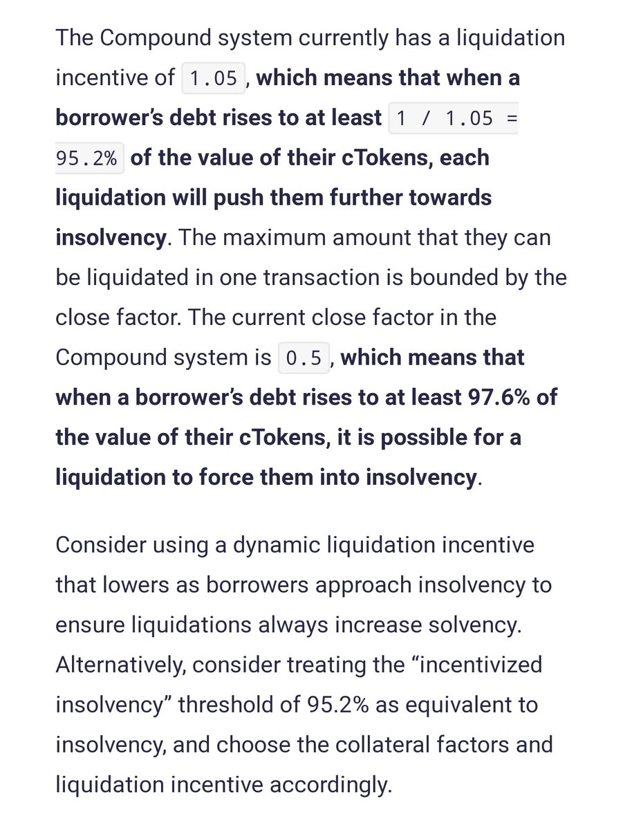 3/ Aave: Liquidation penalty ranges from 5-15%, liquidation threshold ranges from 40-85% LTV (Info from docs)Compound: Liquidation penalty 4.76%? Liquidation threshold ranges from 40-70% LTV (No docs on this, comes from 2019 security audit and third parties)+1 Aave
