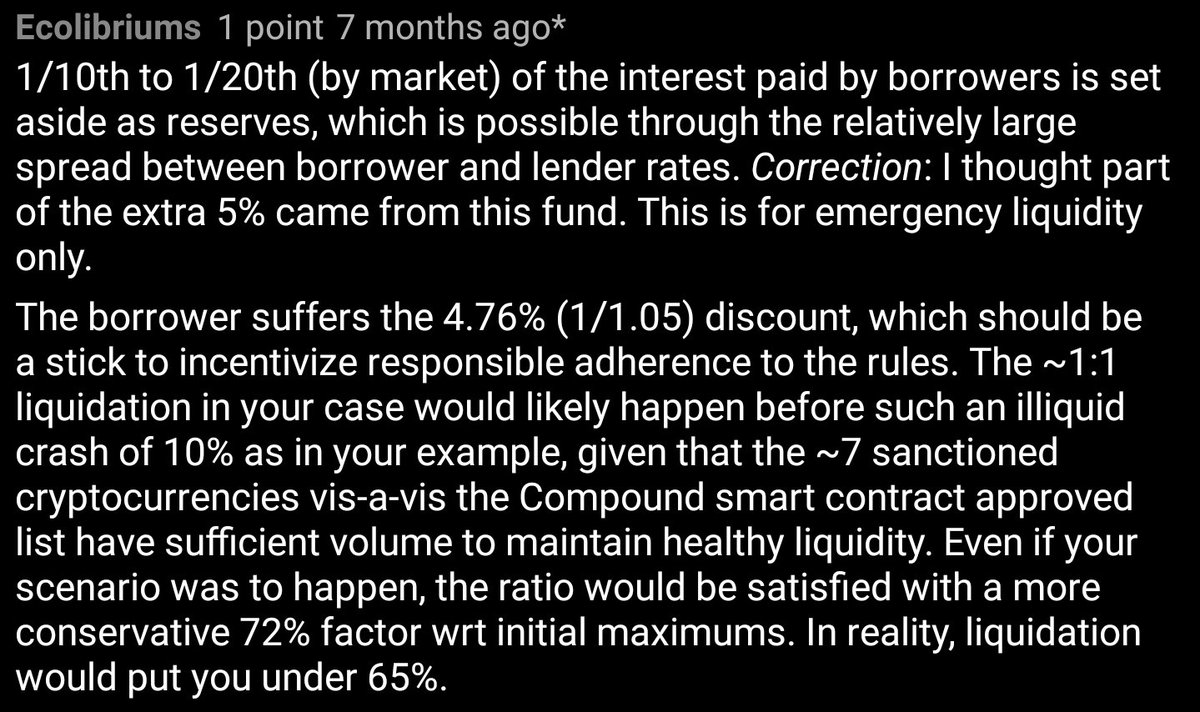 3/ Aave: Liquidation penalty ranges from 5-15%, liquidation threshold ranges from 40-85% LTV (Info from docs)Compound: Liquidation penalty 4.76%? Liquidation threshold ranges from 40-70% LTV (No docs on this, comes from 2019 security audit and third parties)+1 Aave