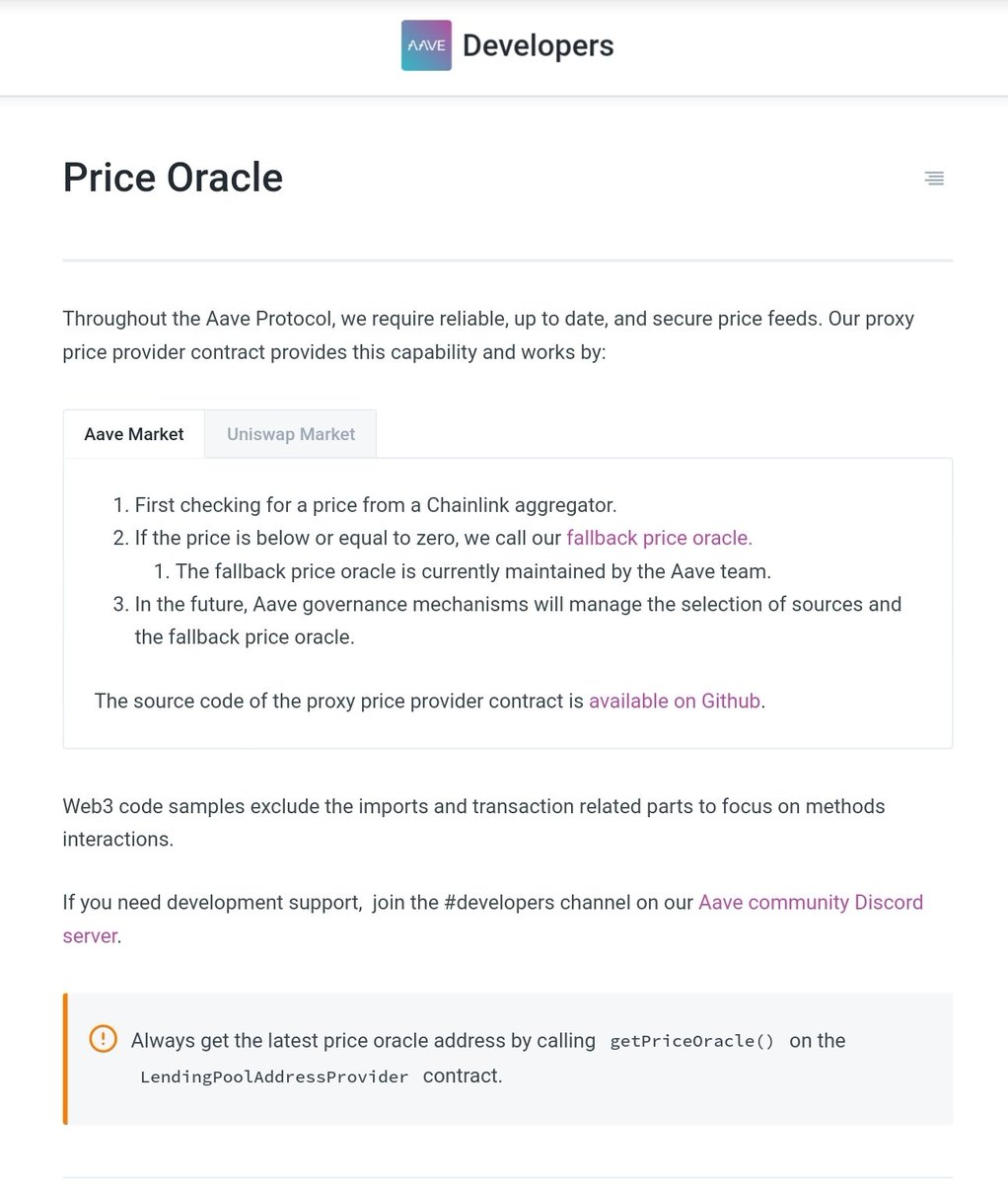 5/ Aave:Uses  @Chainlink's decentralized oracles which pull from multiple data aggregators(Info from docs)Compound:Uses a centralized oracle controlled by team, moving to new flawed OOS, see linked thread(No docs on current oracle, only OOS)+1 Aave https://twitter.com/ChainLinkGod/status/1285752206637948928