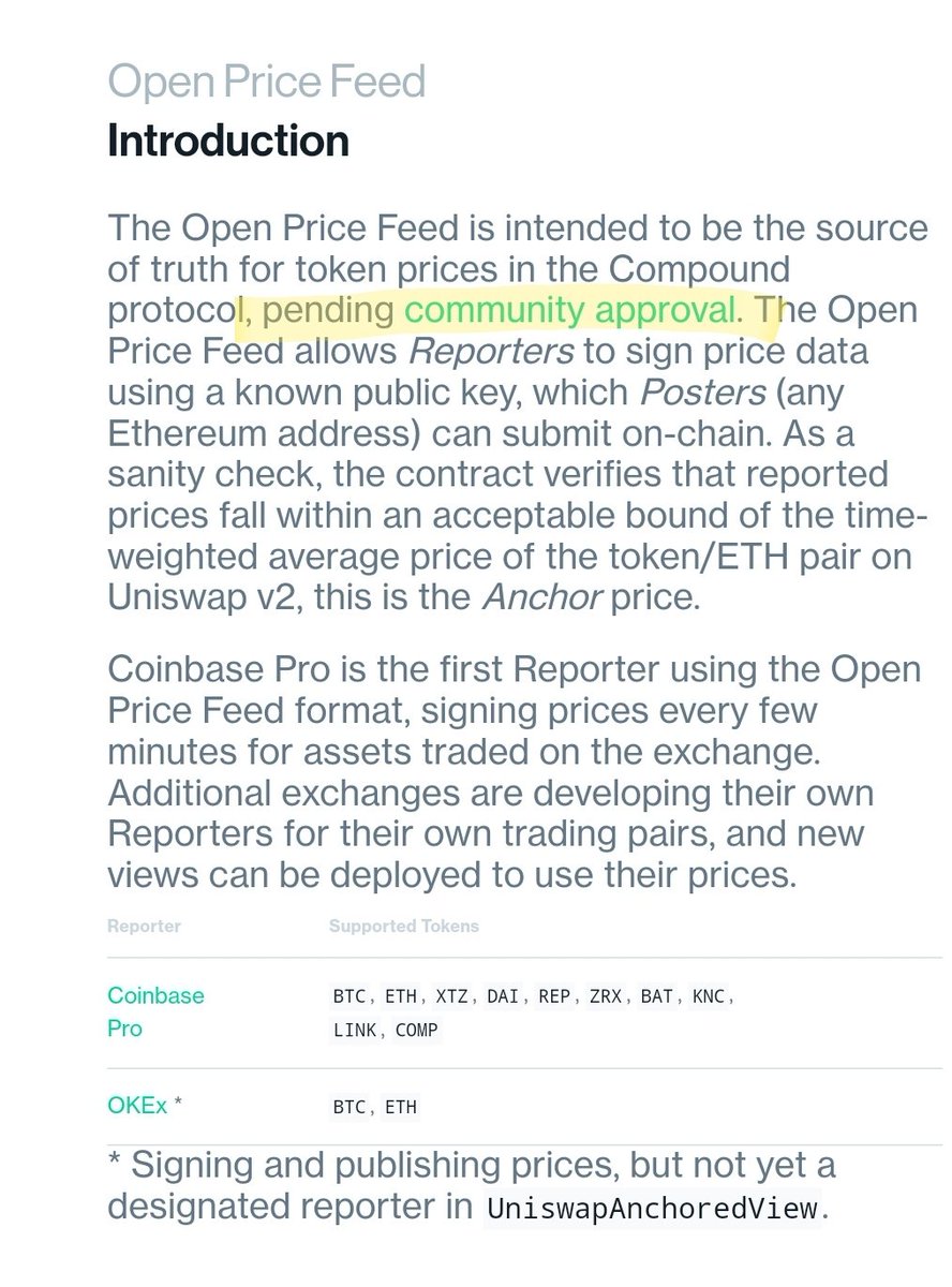 5/ Aave:Uses  @Chainlink's decentralized oracles which pull from multiple data aggregators(Info from docs)Compound:Uses a centralized oracle controlled by team, moving to new flawed OOS, see linked thread(No docs on current oracle, only OOS)+1 Aave https://twitter.com/ChainLinkGod/status/1285752206637948928