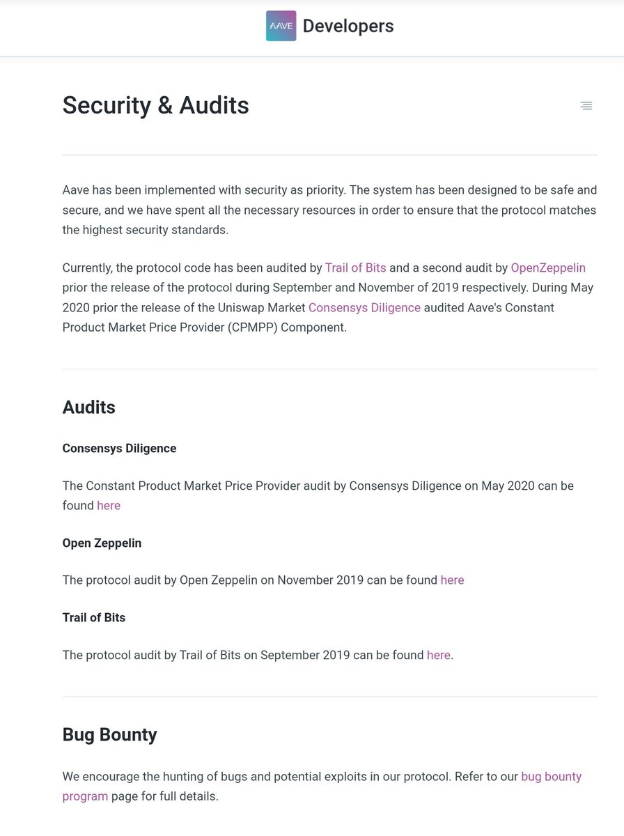 7/ Aave:Three security audits on the protocol and a bug bountyCompound:Four security audits on the protocol, five security audits on peripheral components, formal verification, economic review, and a bug bounty +1 Compound