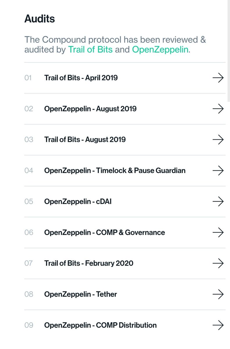 7/ Aave:Three security audits on the protocol and a bug bountyCompound:Four security audits on the protocol, five security audits on peripheral components, formal verification, economic review, and a bug bounty +1 Compound