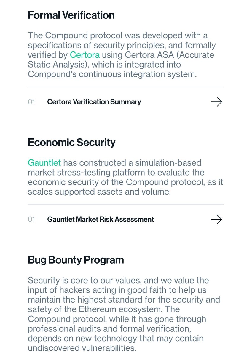 7/ Aave:Three security audits on the protocol and a bug bountyCompound:Four security audits on the protocol, five security audits on peripheral components, formal verification, economic review, and a bug bounty +1 Compound