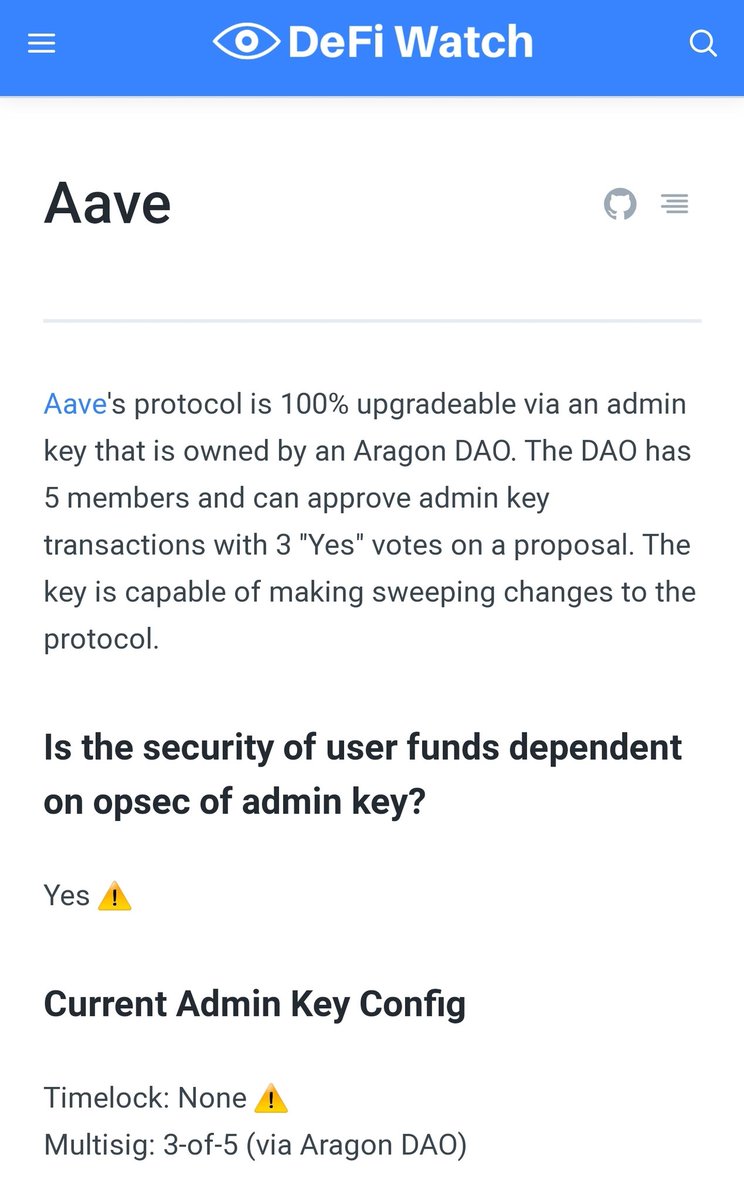 11/ Aave:Managed by a 3-of-5 multisig controlled by the team, will move to a DAO run by  $LEND token holders (Info on site and third party)Compound:Used to have an admin key, now controlled by a DAO run by  $COMP token holders, captured by VCs(Info in docs)+1 Compound